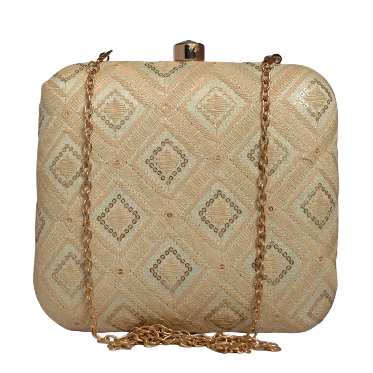 Cream Checks Pattern Thread Embroidery Clutch
