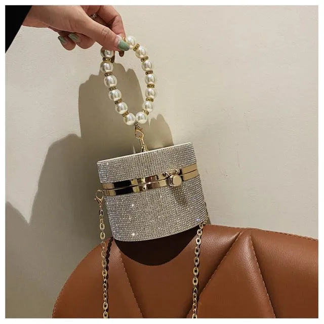 Diamond Acrylic Round Clutch Bag Pearl Handle Women Purses and Evening Handbags Small Shoulder Crossbody Bag