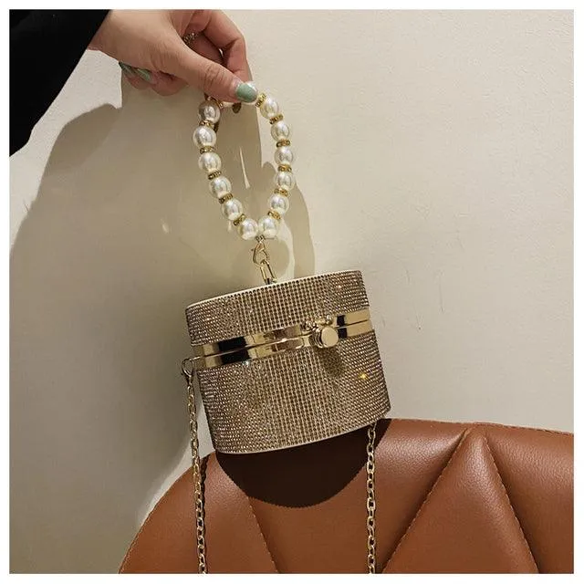 Diamond Acrylic Round Clutch Bag Pearl Handle Women Purses and Evening Handbags Small Shoulder Crossbody Bag