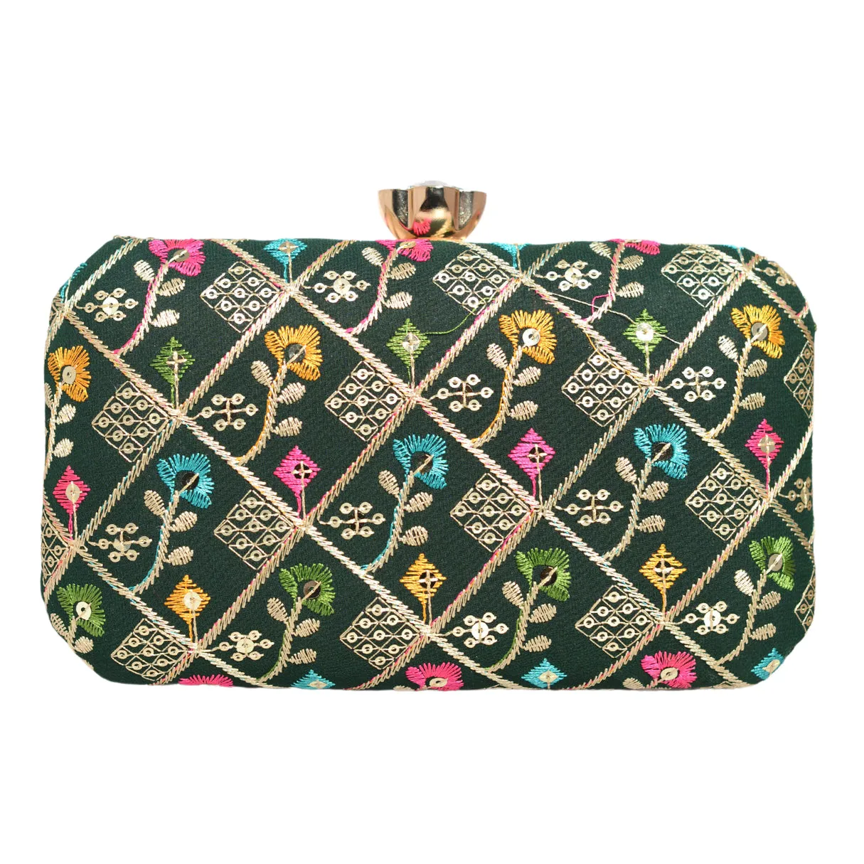 Green Sequins Floral Embroidery Party Clutch