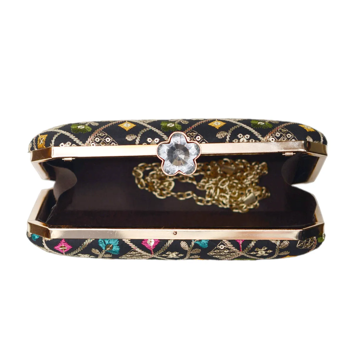 Green Sequins Floral Embroidery Party Clutch
