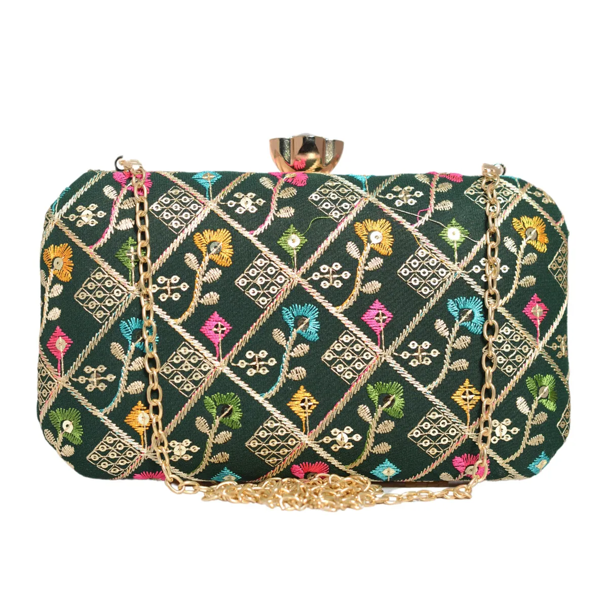 Green Sequins Floral Embroidery Party Clutch