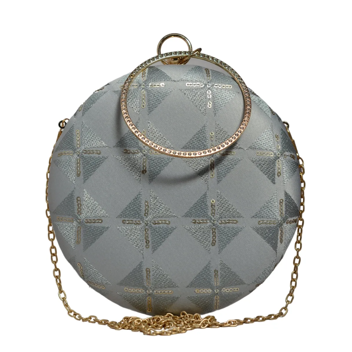 Grey Checks Pattern Embroidery Round Clutch