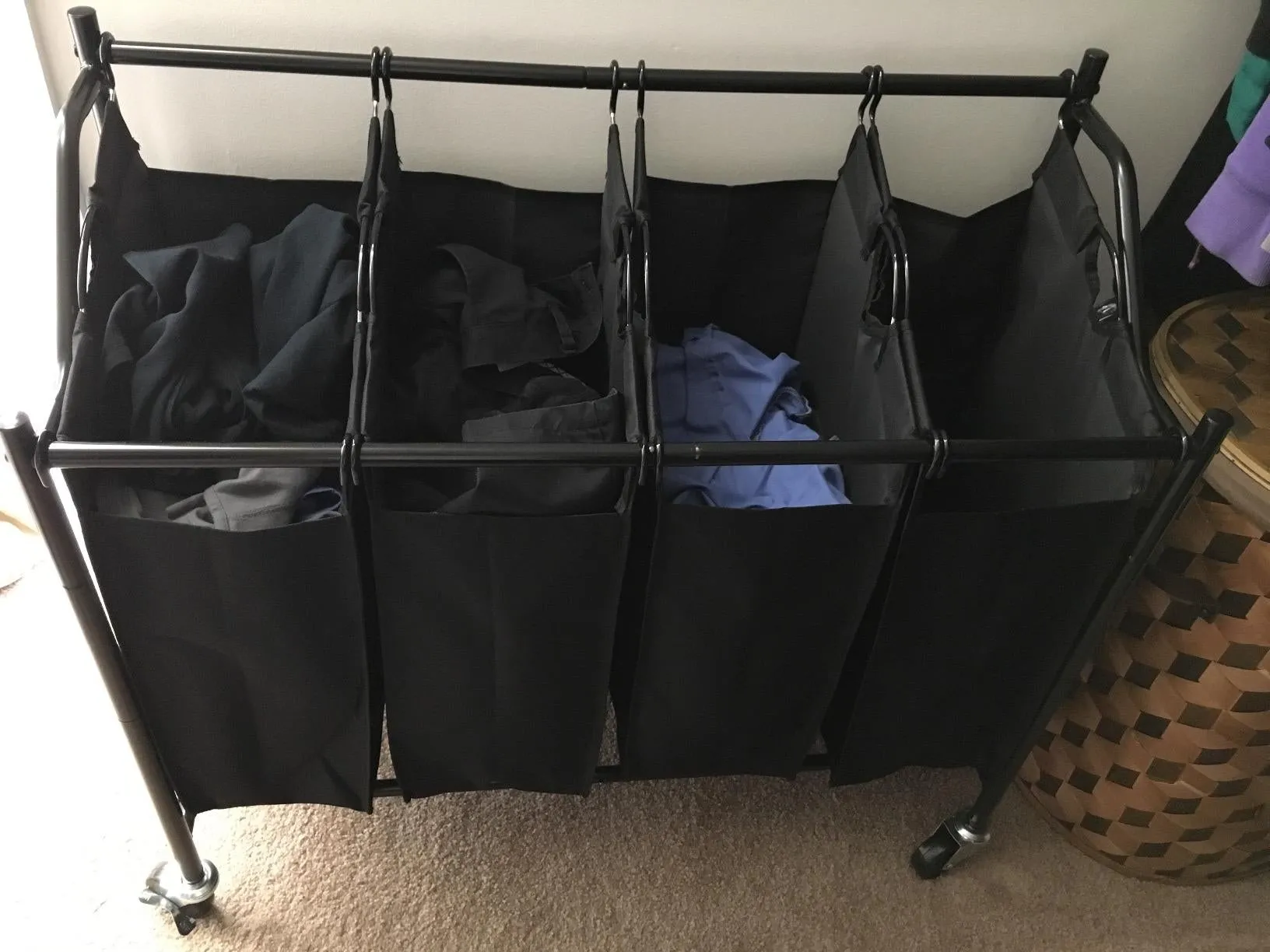 Heavy-Duty 4-Bag Rolling Laundry Sorter Storage Cart with Wheels Black