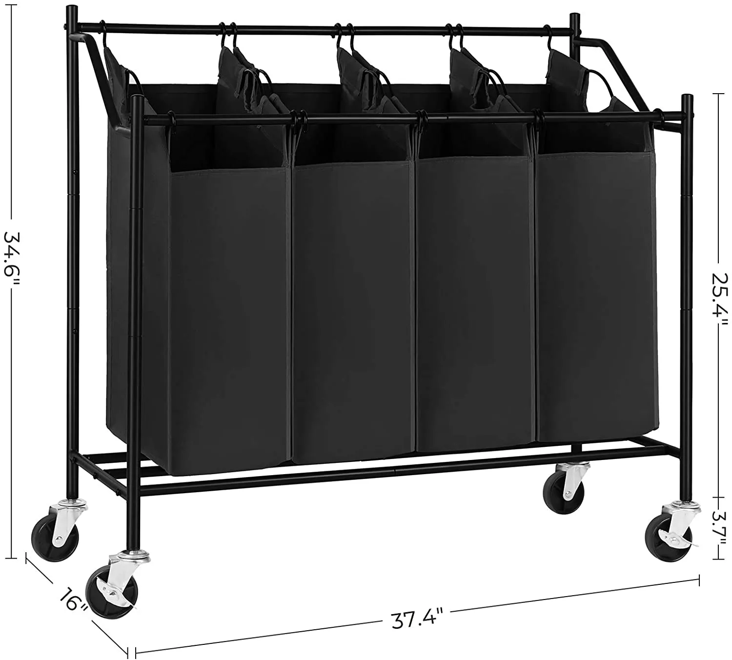Heavy-Duty 4-Bag Rolling Laundry Sorter Storage Cart with Wheels Black