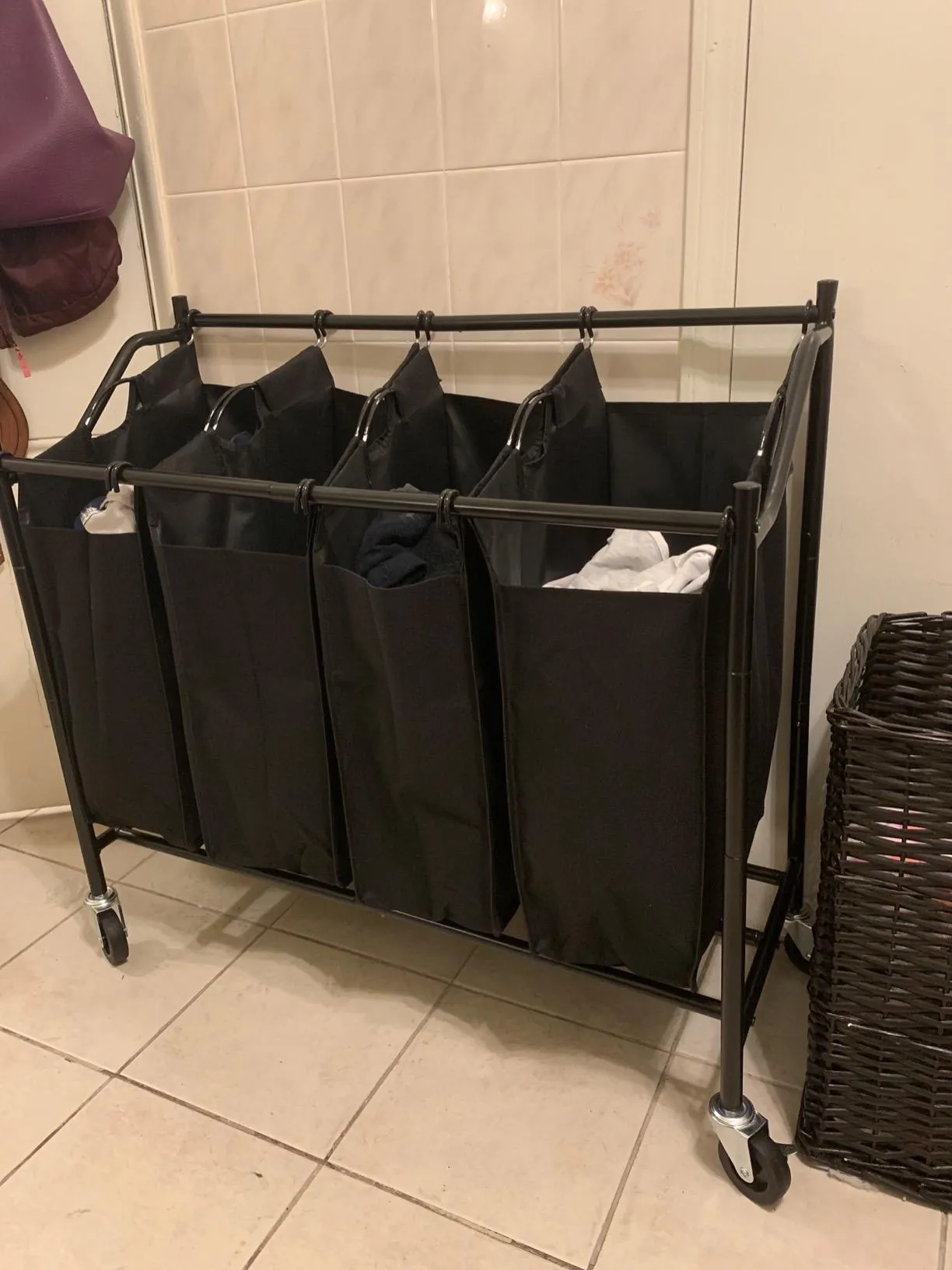 Heavy-Duty 4-Bag Rolling Laundry Sorter Storage Cart with Wheels Black