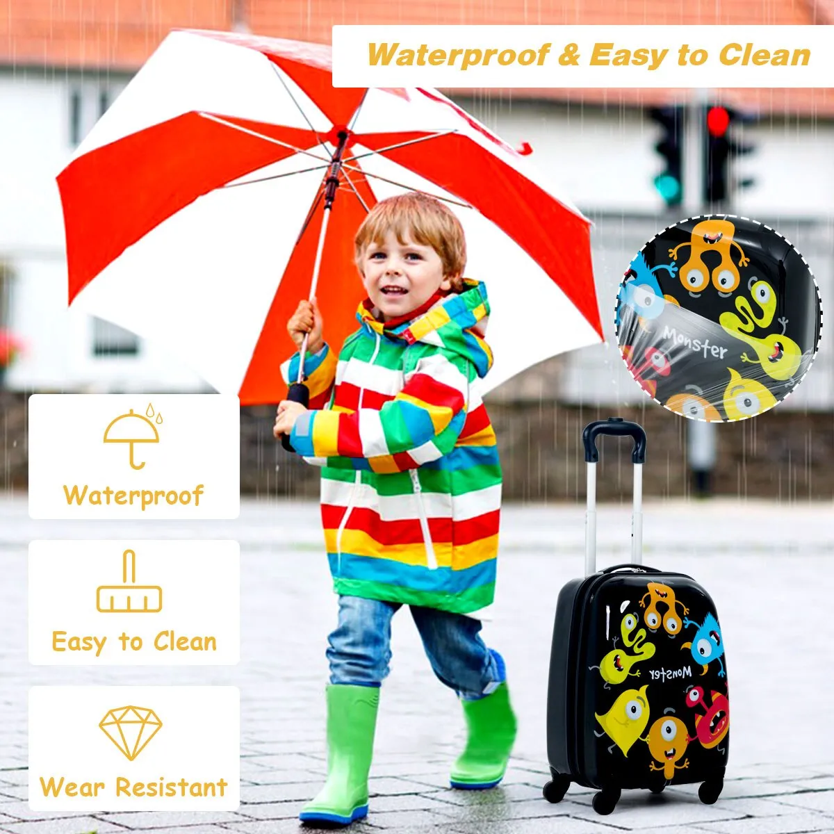 Kids  Monster Print Rolling Trolley Suitcase