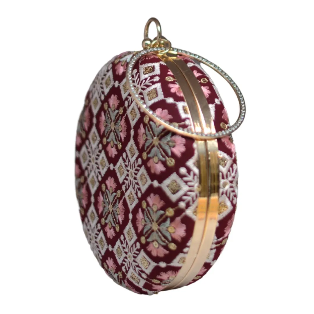 Maroon And Pink Floral Embroidery Round Clutch
