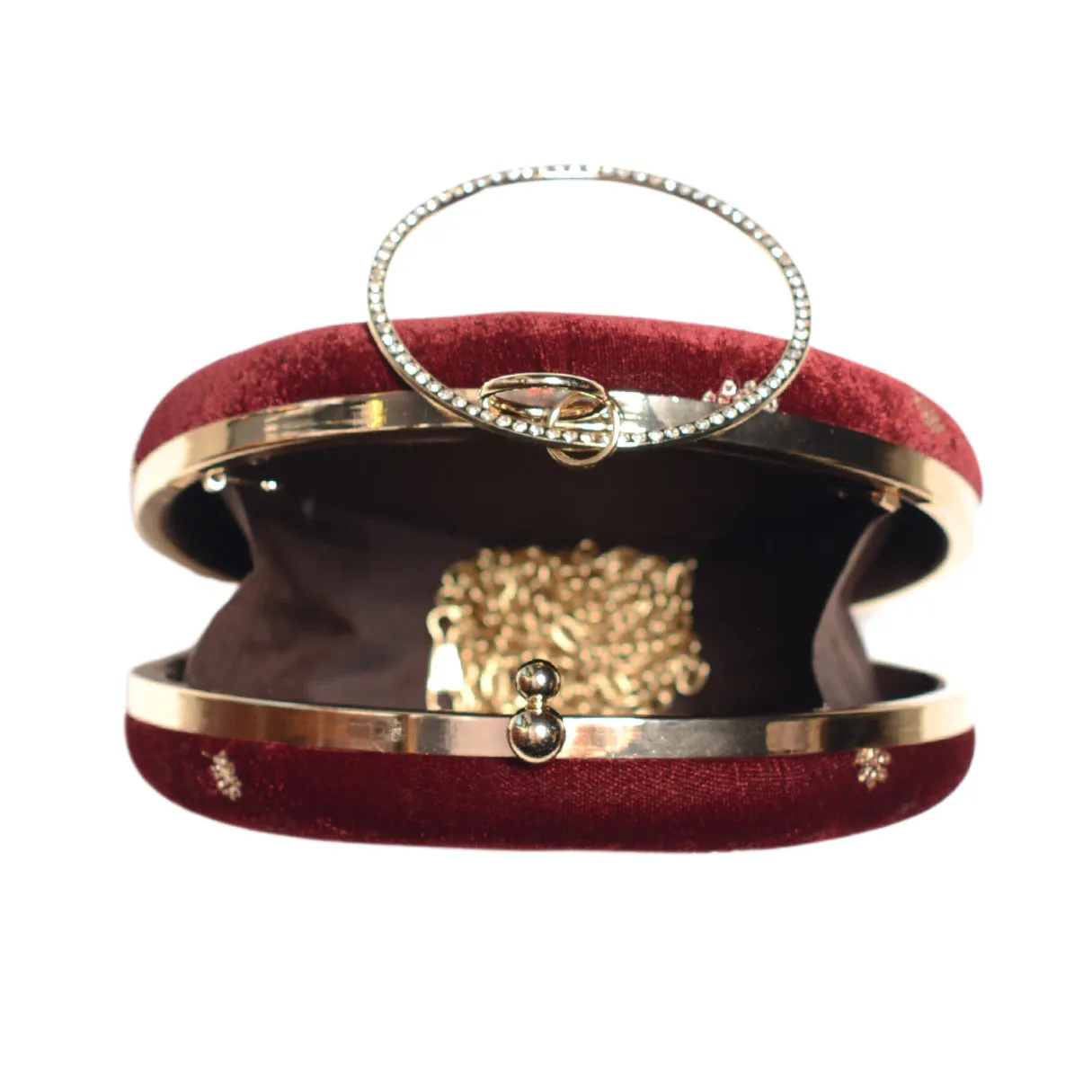 Maroon Floral Sequins Embroidery Round Clutch