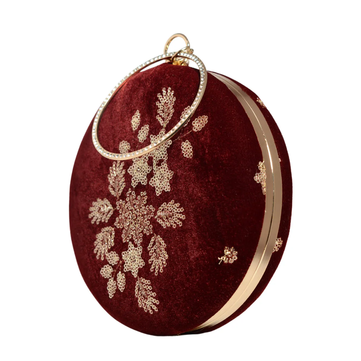 Maroon Floral Sequins Embroidery Round Clutch