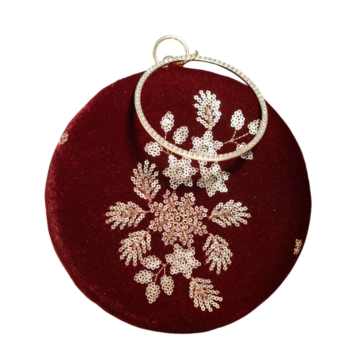 Maroon Floral Sequins Embroidery Round Clutch