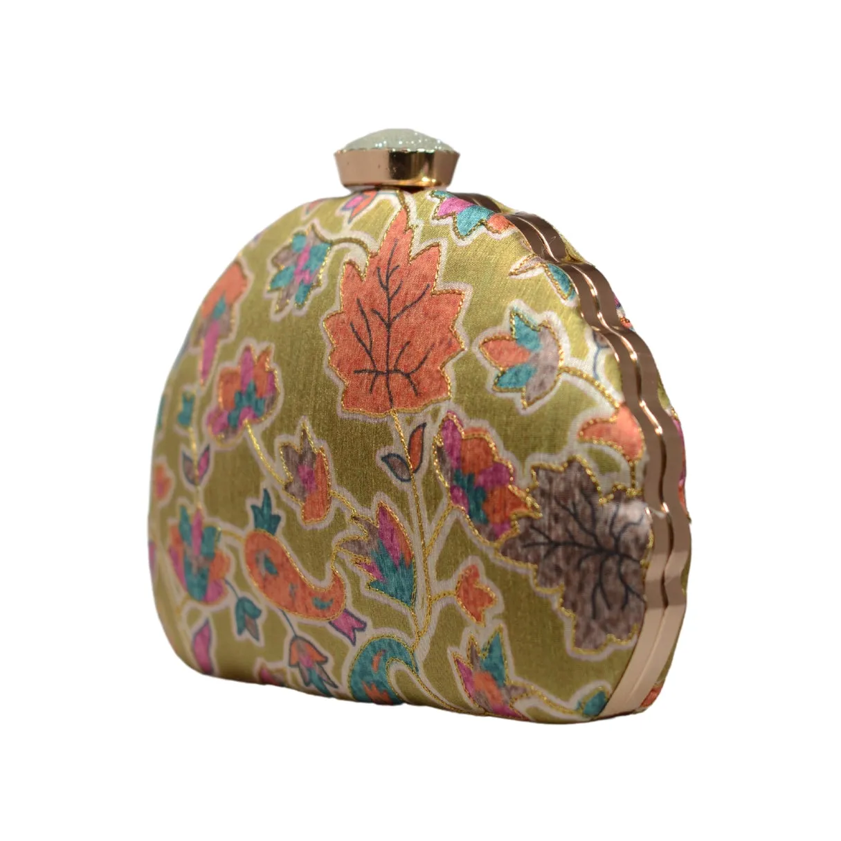 Olive Green Floral Printed Zari Embroidery Clutch