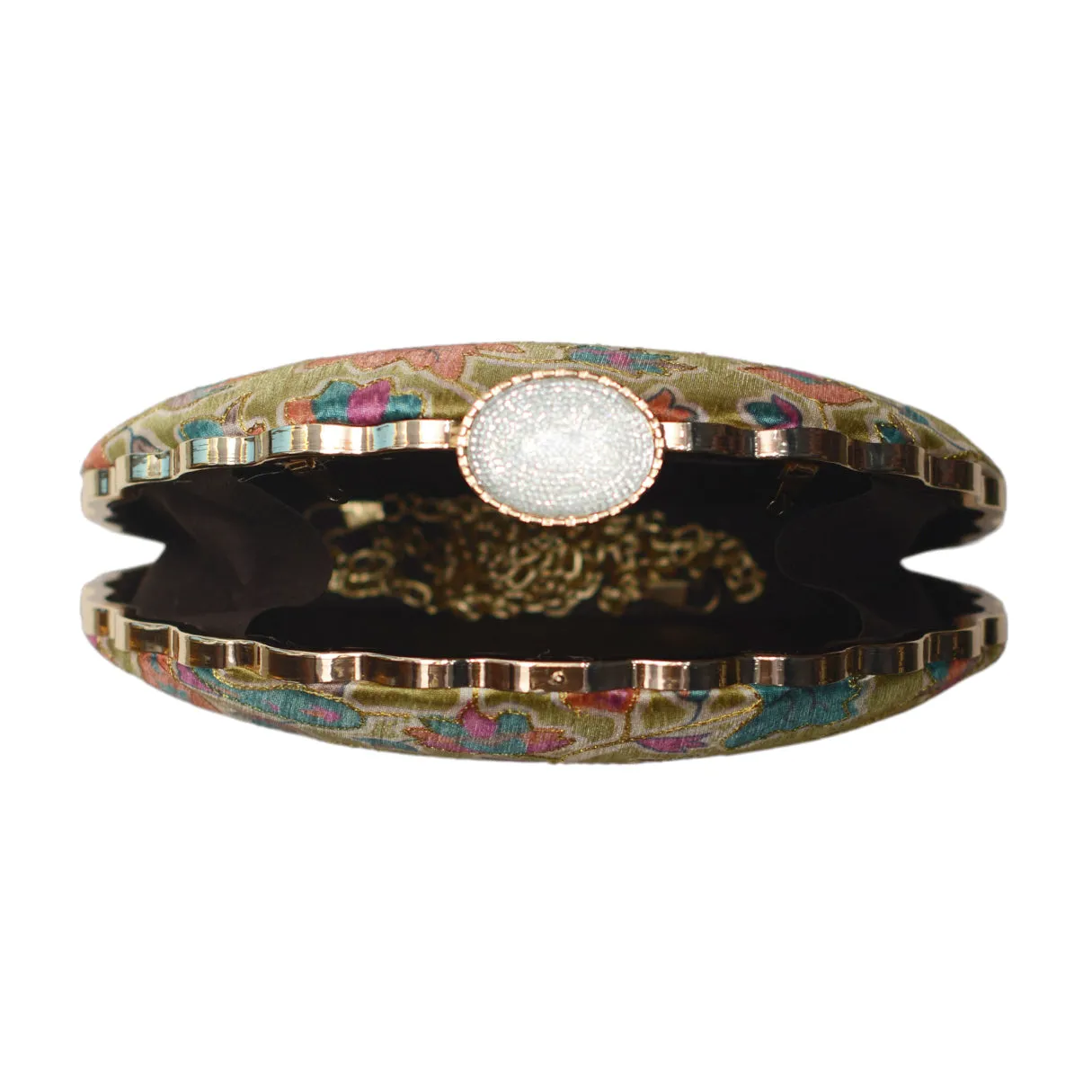 Olive Green Floral Printed Zari Embroidery Clutch