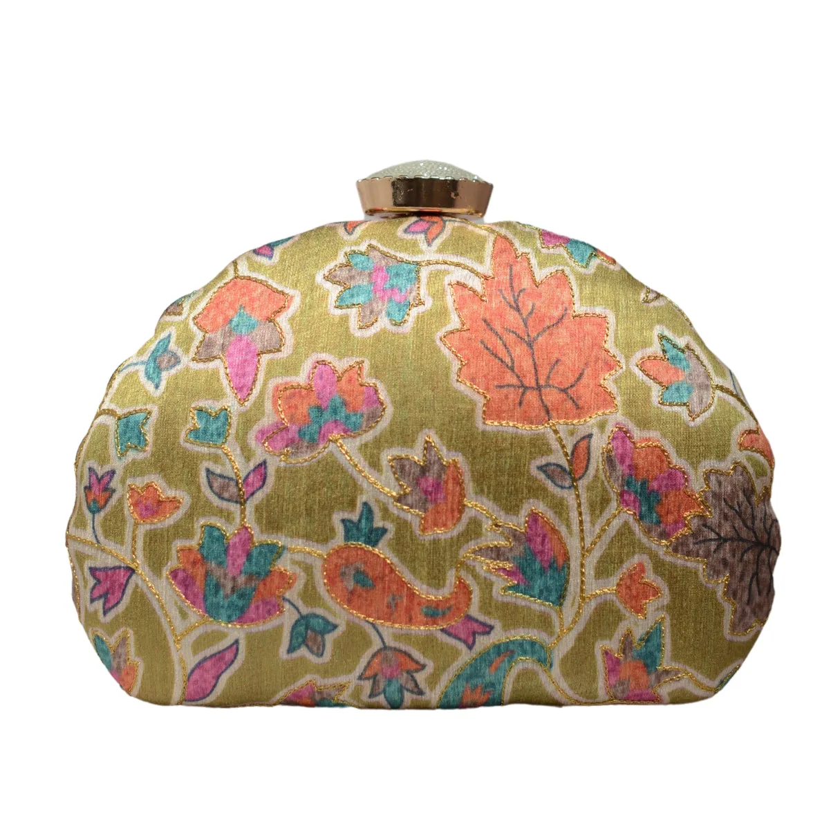 Olive Green Floral Printed Zari Embroidery Clutch