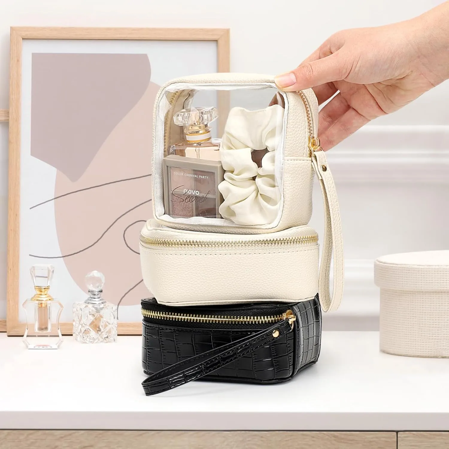 PACKISM Small Clear Makeup Bag - PU Leather Clear Travel Bags for Toiletries Mini Makeup Bag for Purse, Portable Cosmetic Bag Car Bag for Essentials for Women Gift Daily Use (Beige Mini)
