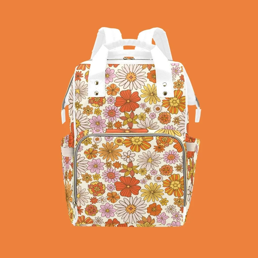 Retro Orange Pink backpack, Women's Backpack, Women's Bags, Floral backpack, Vintage style backpack, Hippie Style bag, Fashion Backpack