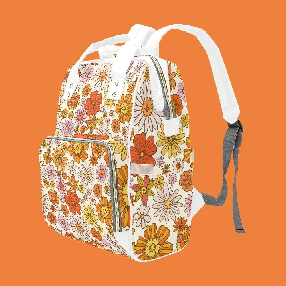 Retro Orange Pink backpack, Women's Backpack, Women's Bags, Floral backpack, Vintage style backpack, Hippie Style bag, Fashion Backpack