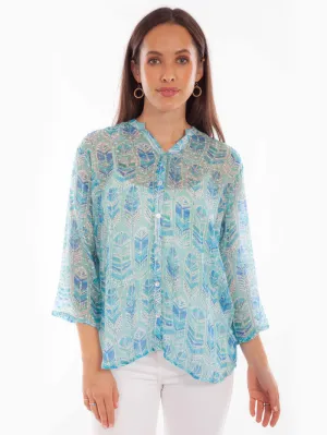 Scully HC890 Womens Feather Print Western Blouse Sky