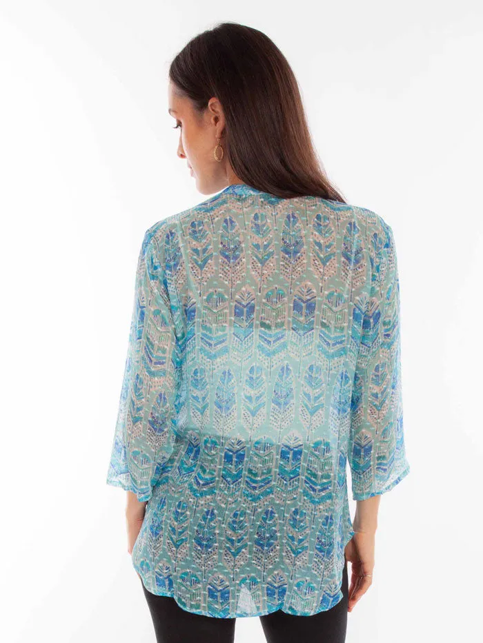 Scully HC890 Womens Feather Print Western Blouse Sky