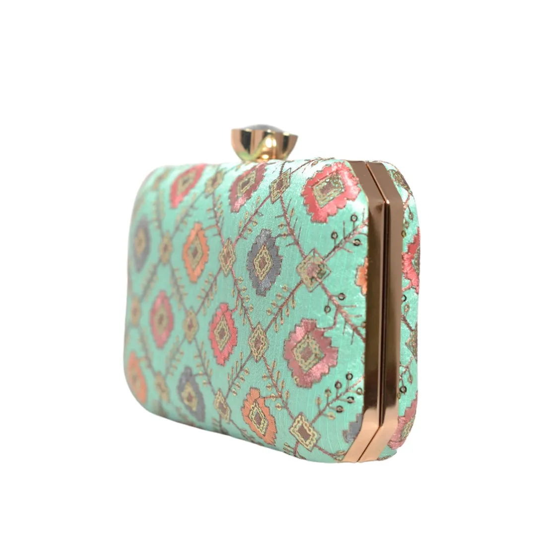 Torquise Sequins Rectangle Embroidery Clutch