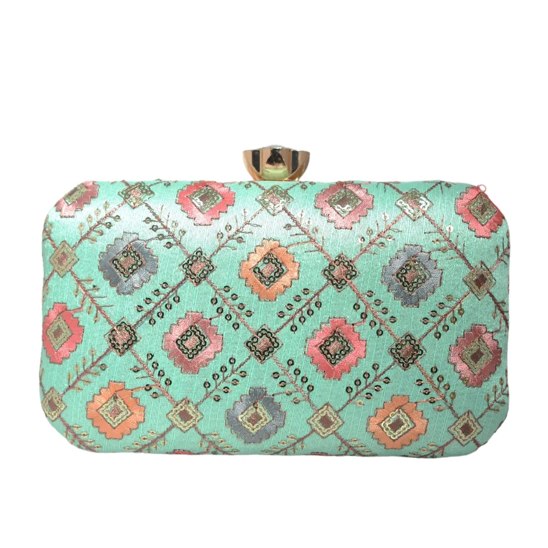 Torquise Sequins Rectangle Embroidery Clutch