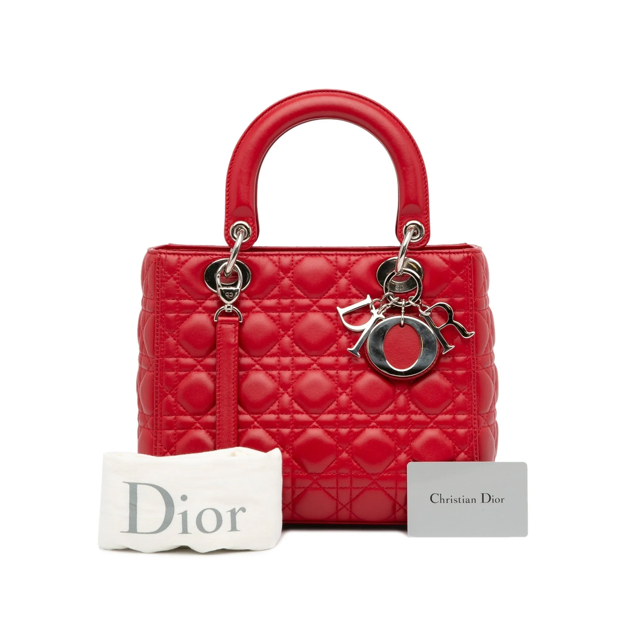 Trendy Inspired Dior Lady Dior Medium Red Cannage Quilted Leather Silver