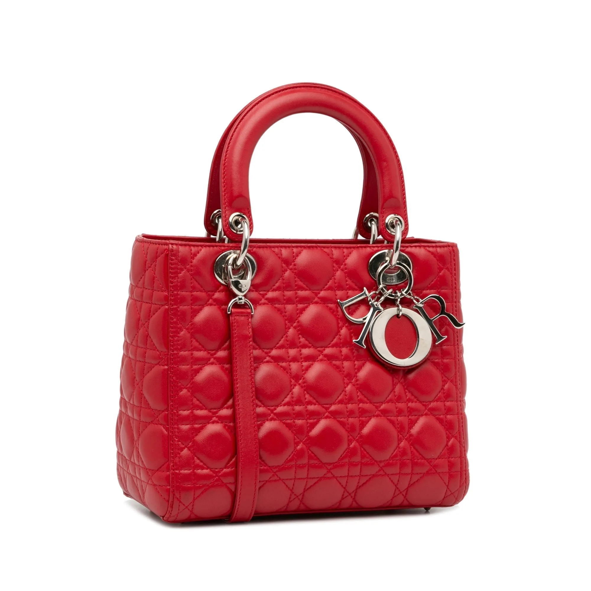 Trendy Inspired Dior Lady Dior Medium Red Cannage Quilted Leather Silver