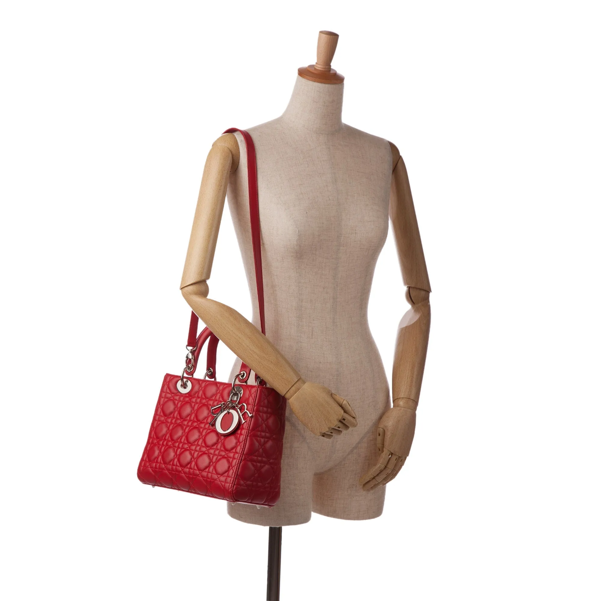 Trendy Inspired Dior Lady Dior Medium Red Cannage Quilted Leather Silver