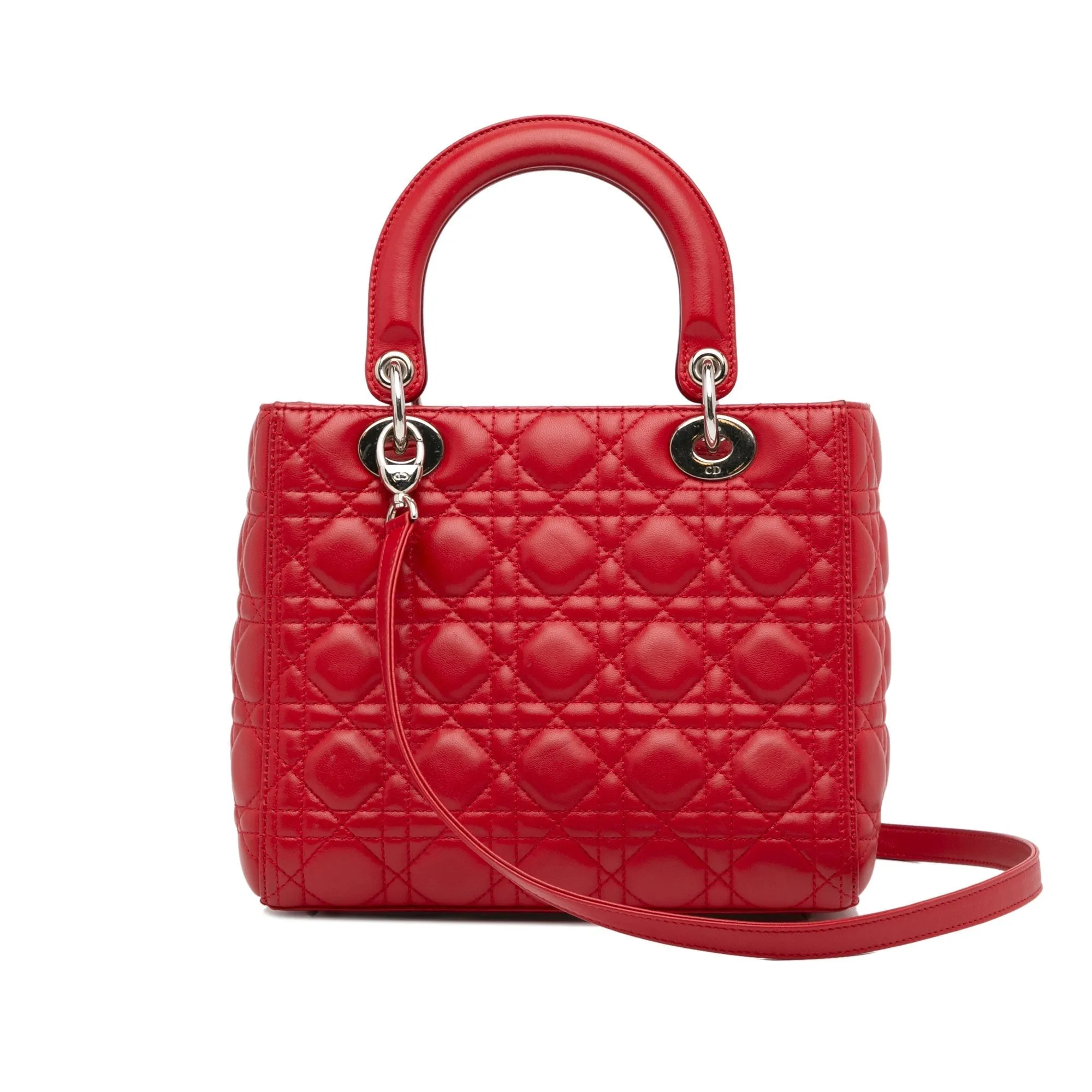 Trendy Inspired Dior Lady Dior Medium Red Cannage Quilted Leather Silver