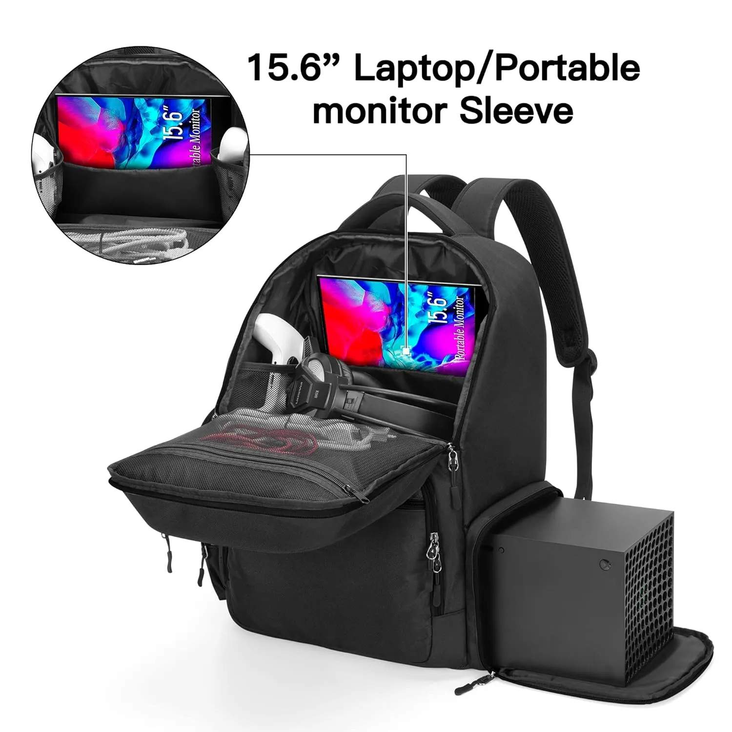 Trunab Travel Backpack Compatible with Xbox Series X Carrying Case Game Storage Bag with Inner Divider for Xbox X/S Console, Multiple Pockets for 15.6” Laptop and Other Gaming Accessories, Black