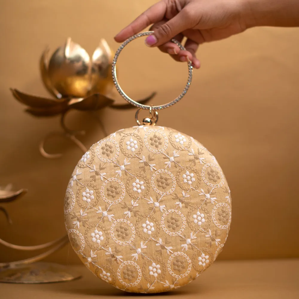 Warm Cream Embroidery Round Clutch