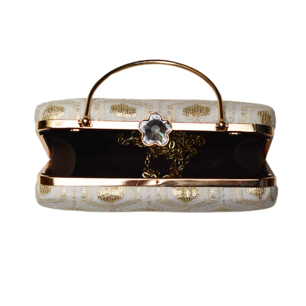 White And Golden Sequins Embroidery Clutch