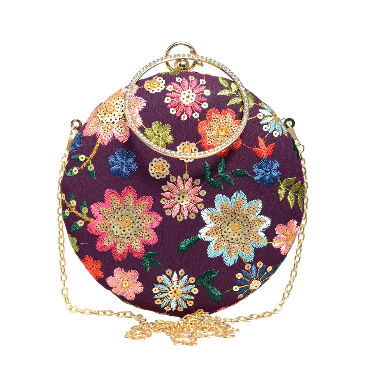 Wine Floral Embroidery Round Clutch