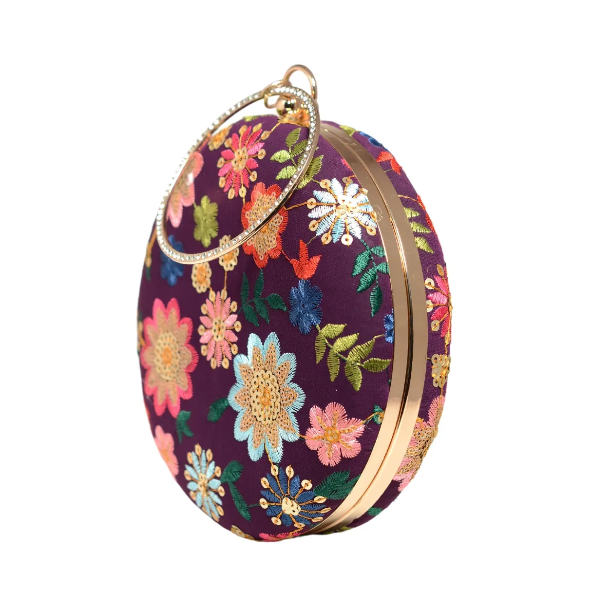 Wine Floral Embroidery Round Clutch