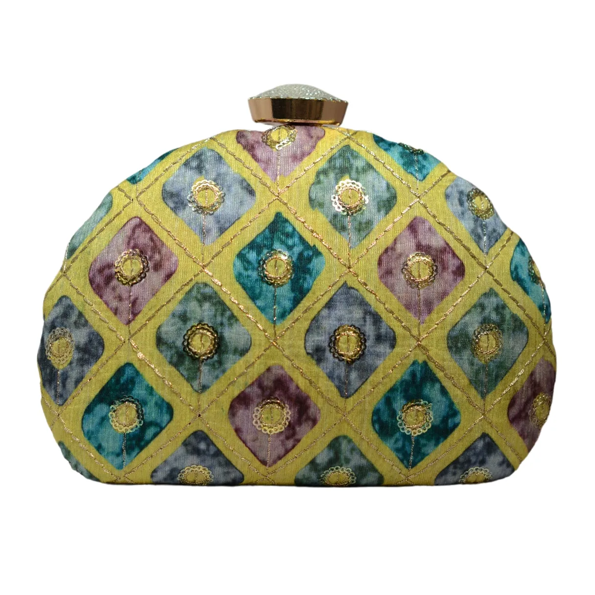 Yellow Checks Pattern Embroidery Clutch