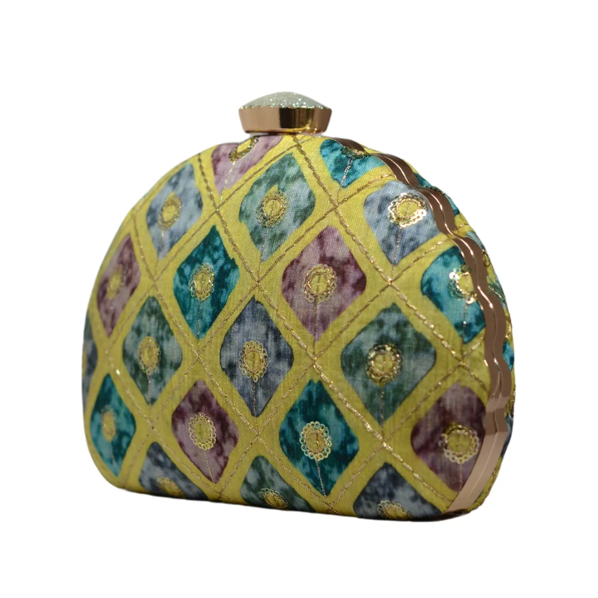 Yellow Checks Pattern Embroidery Clutch