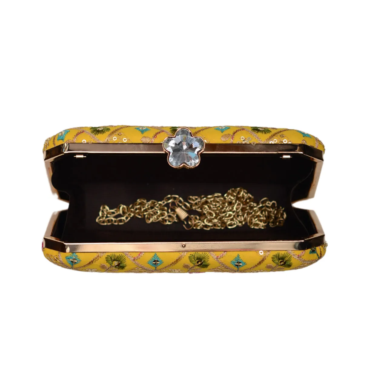 Yellow Sequins Floral Embroidery Party Clutch