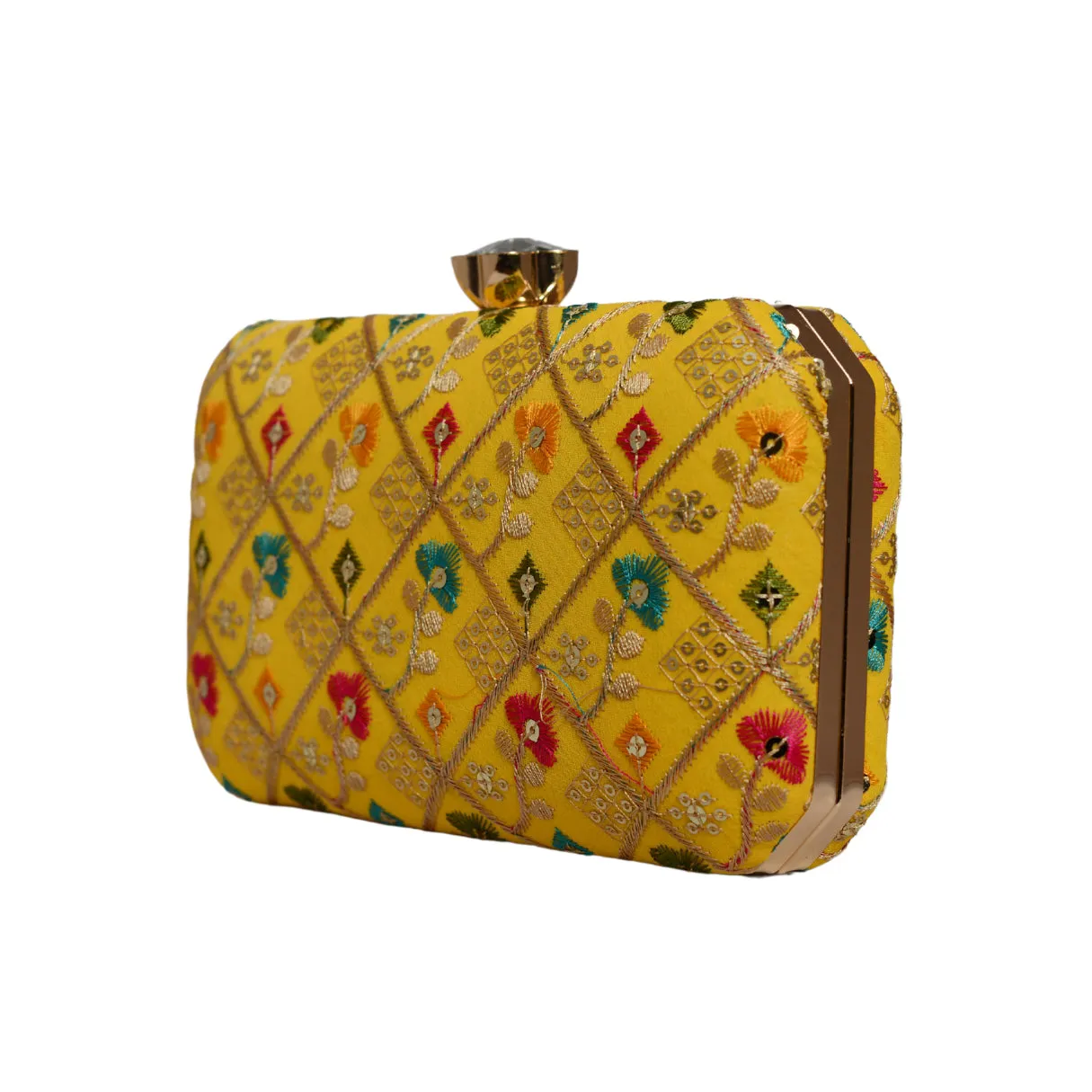 Yellow Sequins Floral Embroidery Party Clutch